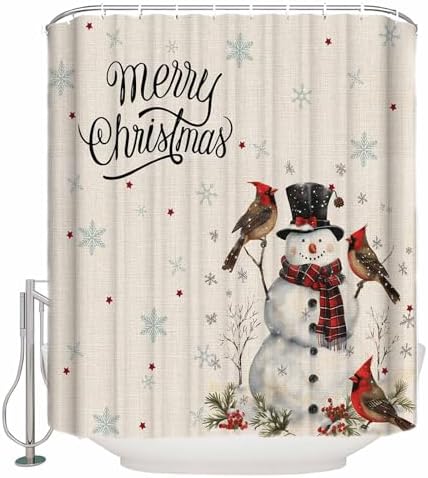 Anzona Beige Christmas Snowman Waterproof Shower Curtain
