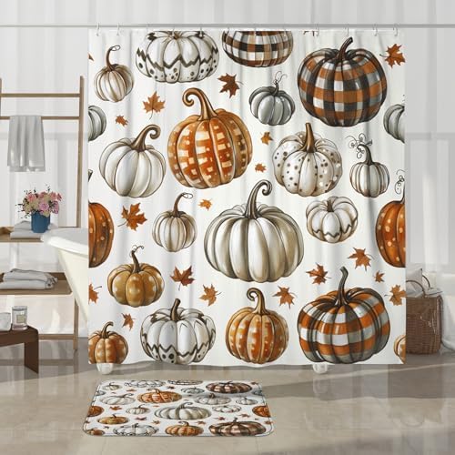 4PCS Fall Pumpkin Shower Curtain Set with Hooks and Non-Slip Rug