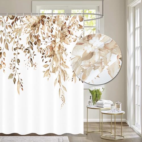 Tititex Tan Light Brown Leaves Faux Linen Shower Curtain Set 72x72 with Hooks