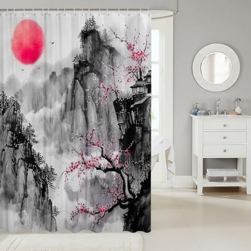 72x84 Red Cherry Blossoms Bomb Shell Bath Curtain