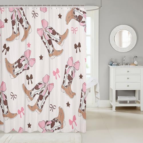72x72 Beige Pink Western Bootstrap Shower Curtain Set with Bowknot Design