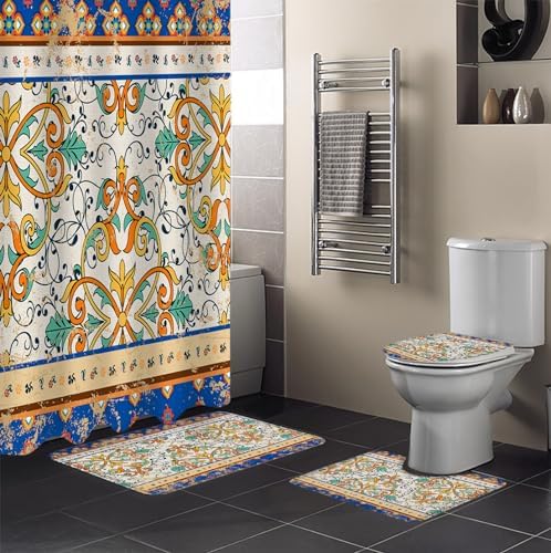 Bath Time Beauty - Boho Geometric Shower Curtain Rug Set Waterfall Print 66x72