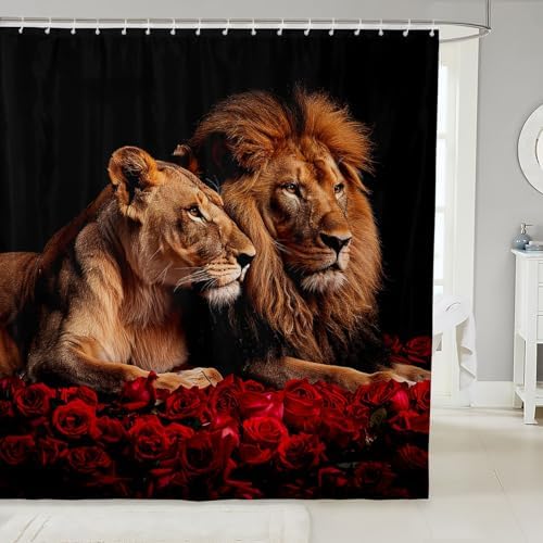 Manfei Lion Couples Shower Curtain 72x84-Inch waterproof bathroom curtain with 12 hooks