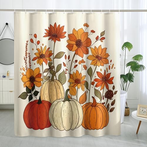 Fall Cream Pumpkin shower curtain set Autumn line drawing 62x72 TPHIHpT