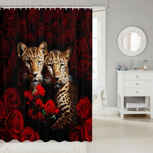 Kids Cheetah Valentines Day Shower Curtains Red Rose 72x72