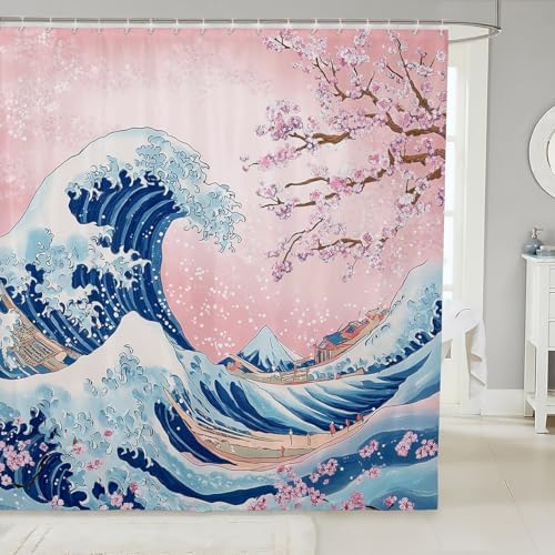 Feelyou Japanese Wave Bath Curtain for Boys Girls 72x72