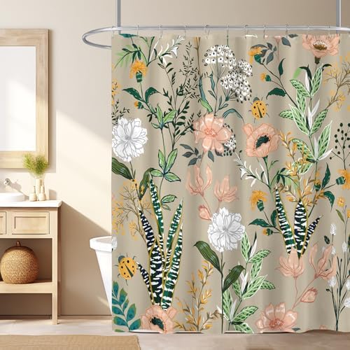 Beige-Pink Boho Floral Shower Curtain Fresh Breeze in Your Bathroom