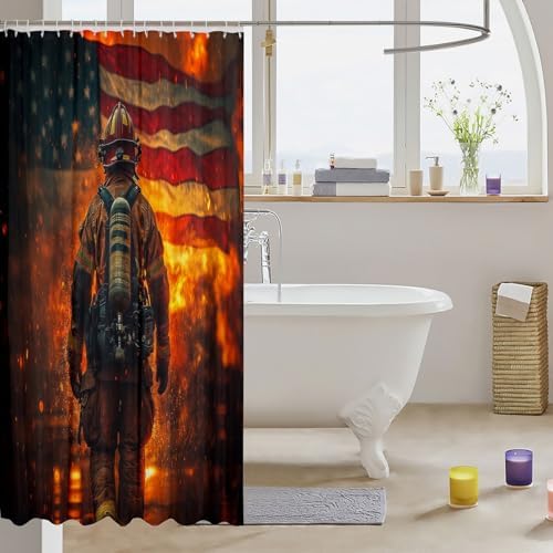 Firefighter-Themed American Flag Bath Shower Curtain 72x84