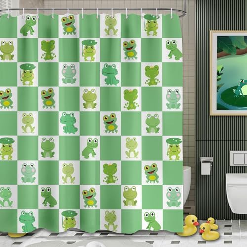 Frog Shower Curtain Green Checkered Kids Bathroom Decor