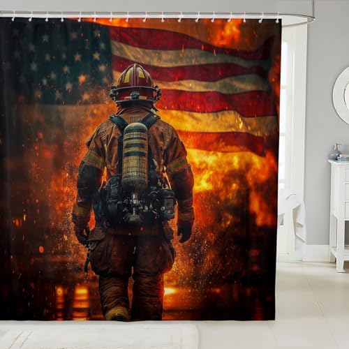 Firefighter-Themed American Flag Bath Shower Curtain 72x84