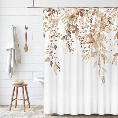 Tititex Tan Light Brown Leaves Faux Linen Shower Curtain Set 72x72 with Hooks