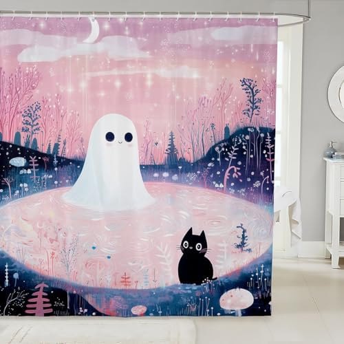 Manfei Kawaii Ghost Cat Waterproof Shower Curtain Set