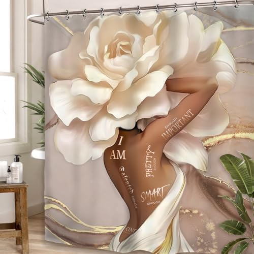 Yookeb African American Flower Bathroom Show Curtain 60x71 In Black