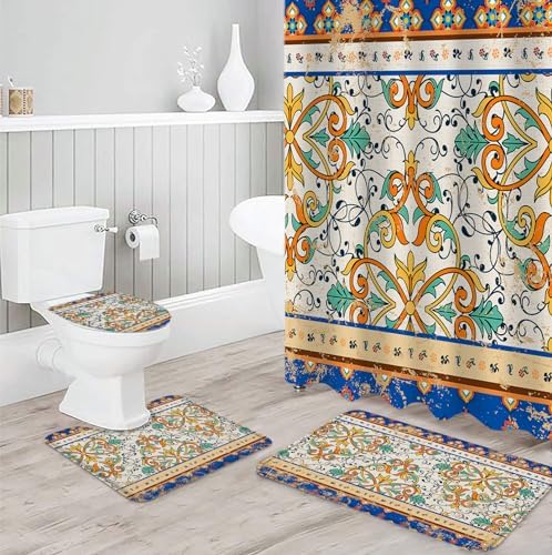 Bath Time Beauty - Boho Geometric Shower Curtain Rug Set Waterfall Print 66x72