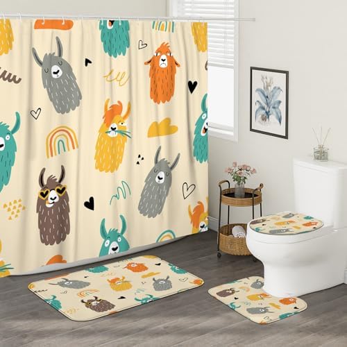 4PCS Cartoon Llama Bath Set with Non-Slip Rug U Toilet Covers