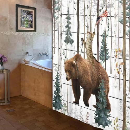 JAWO Funny Cat Bear Shower Curtain Birch Forest