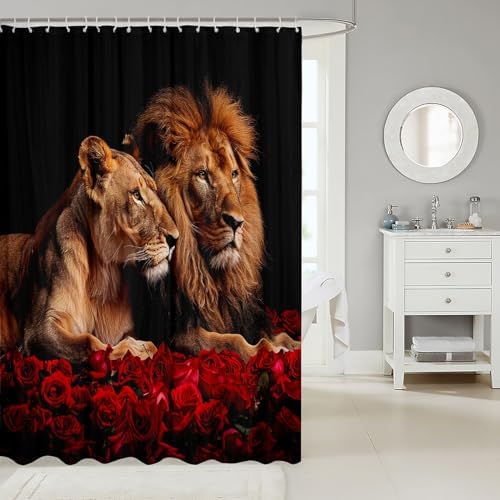 Manfei Lion Couples Shower Curtain 72x84-Inch waterproof bathroom curtain with 12 hooks
