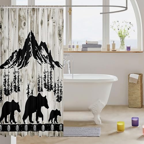 Manfei Bear Shower Curtain Set with 12 Hooks Black Tree Design