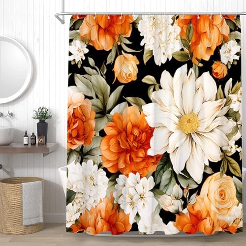 Vibrant Orange Floral Shower Curtain Set