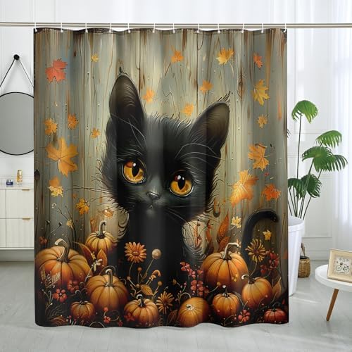 Halloween Cat 72x72 Autumn Wood Bath Shower Curtain with 12 Hooks