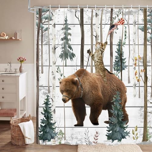 JAWO Funny Cat Bear Shower Curtain Birch Forest