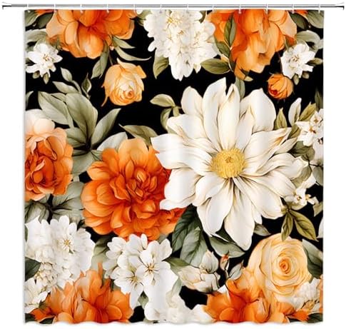 Vibrant Orange Floral Shower Curtain Set