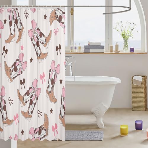 72x72 Beige Pink Western Bootstrap Shower Curtain Set with Bowknot Design