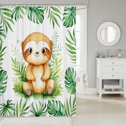 Manfei Kawaii Sloth - Tropical Leaves Plant Bath Curtain Set for Home Travel