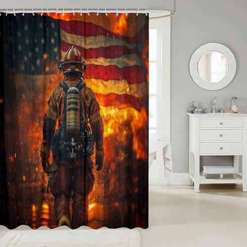 Firefighter-Themed American Flag Bath Shower Curtain 72x84