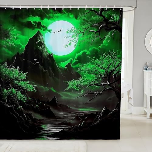 Jejeloiu Japanese Style Shower Curtain 72x84 Green Cherry Blossoms Waterproof Kids Bathroom Curtain