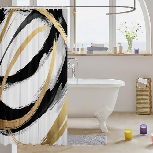 Patterned 72x72 Black White Geometric Washable Shower Curtain Set