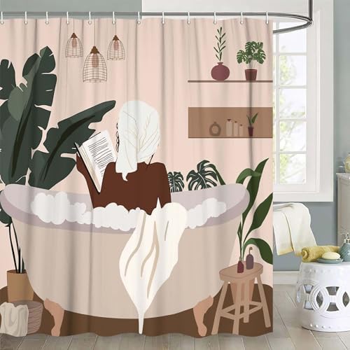 DYNH Boho Black Girl Afro Art Shower Curtain Set 47x64IN