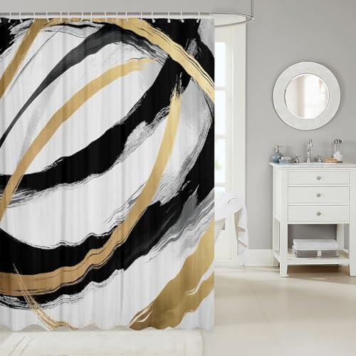 Patterned 72x72 Black White Geometric Washable Shower Curtain Set