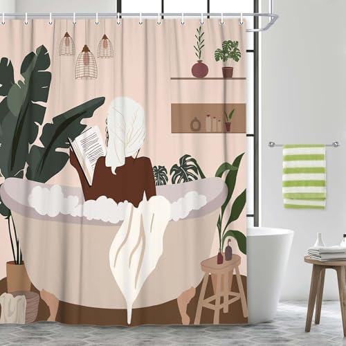 DYNH Boho Black Girl Afro Art Shower Curtain Set 47x64IN