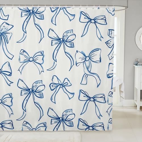 Feelyou Blue Bow Fabric Shower Curtain Cute Bowknot for Kids Boys Girls