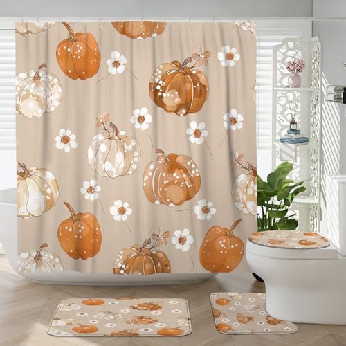 4PCS Fall Dot Pumpkin Shower Curtain Set with 72 x 72 Mat