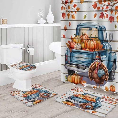 4-Piece Thanksgiving Fall shower curtain set waterproof