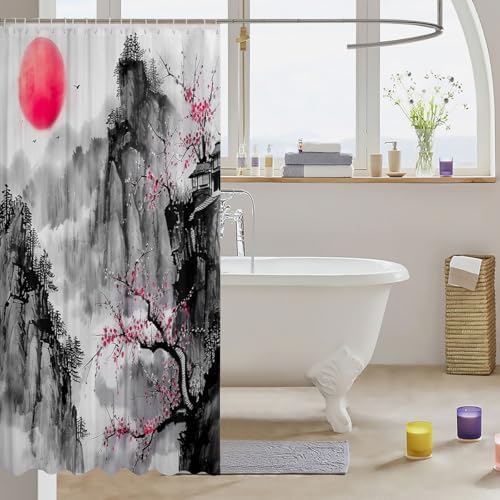 72x84 Red Cherry Blossoms Bomb Shell Bath Curtain
