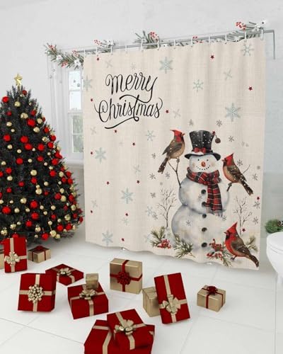 Anzona Beige Christmas Snowman Waterproof Shower Curtain