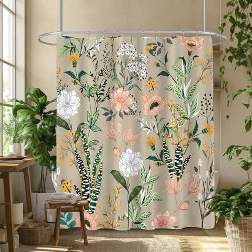 Beige-Pink Boho Floral Shower Curtain Fresh Breeze in Your Bathroom