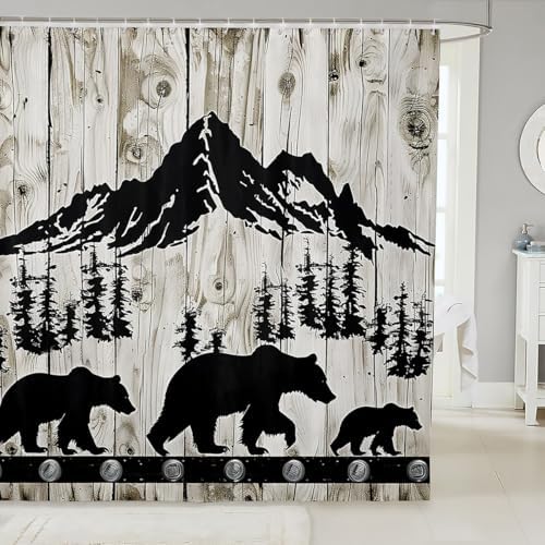 Manfei Bear Shower Curtain Set with 12 Hooks Black Tree Design