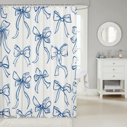 Feelyou Blue Bow Fabric Shower Curtain Cute Bowknot for Kids Boys Girls