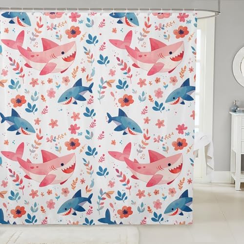 Jeffeloiu Blue Pink Shark Bath Curtain