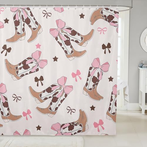 72x72 Beige Pink Western Bootstrap Shower Curtain Set with Bowknot Design