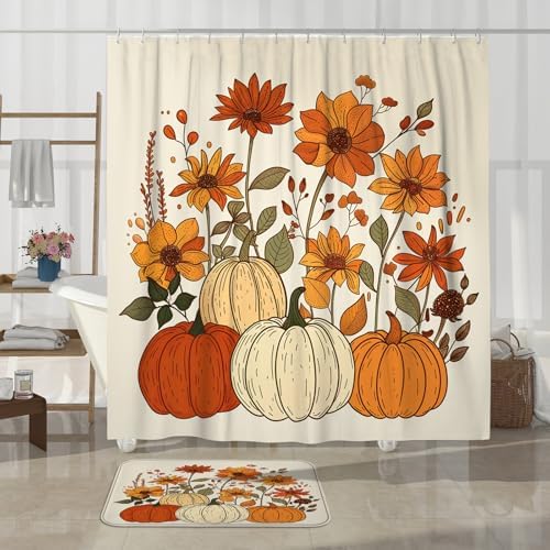 4PCS Fall Cream Pumpkin Shower Curtain Set