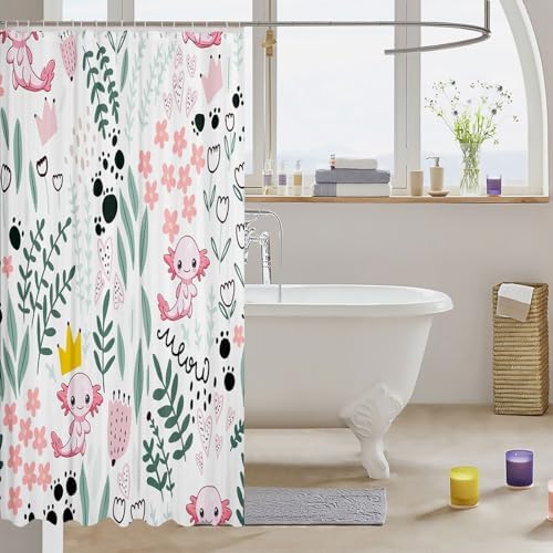 Manfei Axolotl Flower Print Waterproof Shower Curtain Set with 12 Hooks
