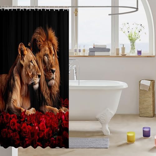 Manfei Lion Couples Shower Curtain 72x84-Inch waterproof bathroom curtain with 12 hooks