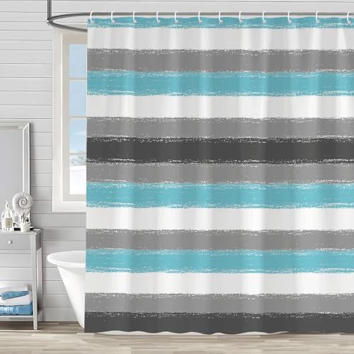 Teal Striped Shower Curtain Set with Hooks 70x70 Inch