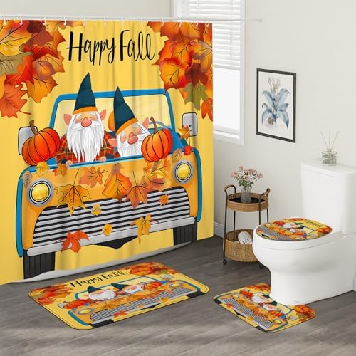 4PCS Fall Kids Gnome Shower Curtain Set with Hooks