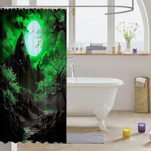 Jejeloiu Japanese Style Shower Curtain 72x84 Green Cherry Blossoms Waterproof Kids Bathroom Curtain